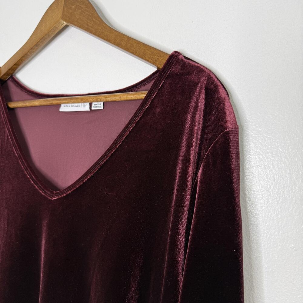 Susan Graver Shirt Womens 2X Red Velvet Tunic 3/4 Sleeve V Neck Stretch Top